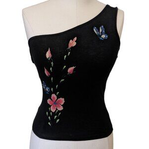Vintage Y2K One Shoulder Top Painted Flowers Floral Artsy Retro 00s Fairycore S